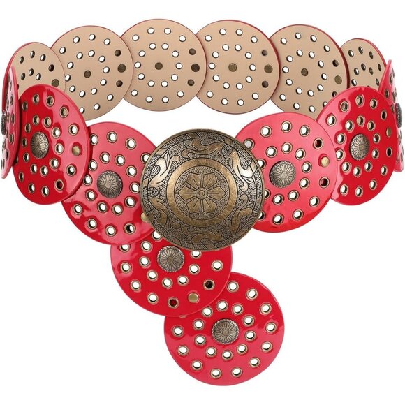 Accessories - Women's Boho Disc Belt Wide Western Leather Belt Vintage Concho Waist Belts Red